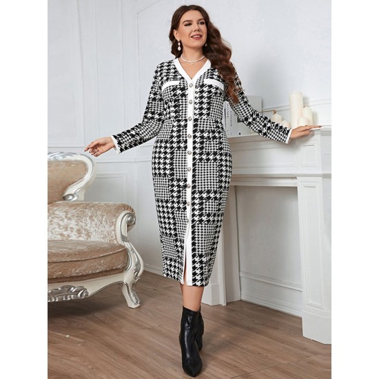 Plus Size Houndstooth Button V-Neck Knit Dress Plus Size Houndstooth Button V-Neck Knit Dress