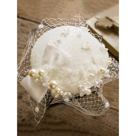 White Pearl Mesh Bow Vintage Hat White Pearl Mesh Bow Vintage Hat
