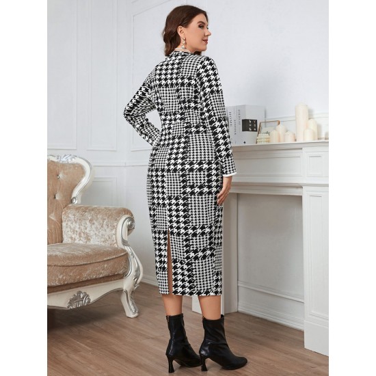 Plus Size Houndstooth Button V-Neck Knit Dress Plus Size Houndstooth Button V-Neck Knit Dress