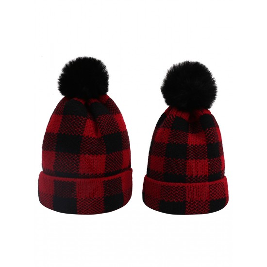 Red & Black Plaid Hairball Knitted Parent Hat Red & Black Plaid Hairball Knitted Parent Hat