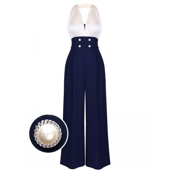 Blue Halter Patchwork Jumpsuit Blue Halter Patchwork Jumpsuit