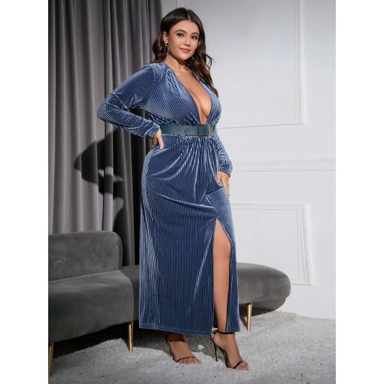 Plus Size Navy Blue Deep V-neck Waist Dress With Belt Plus Size Navy Blue Deep V-neck Waist Dress With Belt