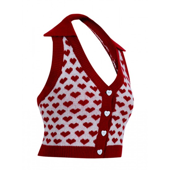 Red Knitting Heart Halter Button Tops Red Knitting Heart Halter Button Tops