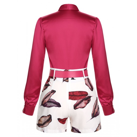 2PCS Red Solid V-Neck Shirts & Plants Belt Shorts 2PCS Red Solid V-Neck Shirts & Plants Belt Shorts