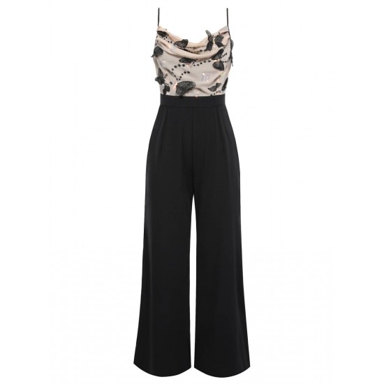 Black Strap Butterfly Lace Patchwork Jumpsuit Black Strap Butterfly Lace Patchwork Jumpsuit