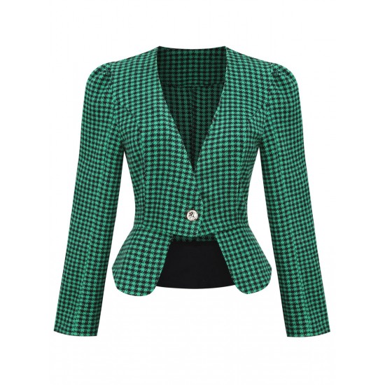 Green Plaid Button Fitted Blazer Green Plaid Button Fitted Blazer