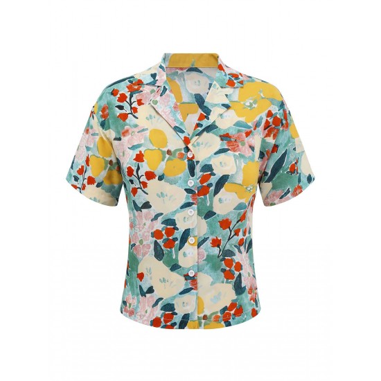 2PCS Light Blue Floral Blouse & Solid Belted Skirt 2PCS Light Blue Floral Blouse & Solid Belted Skirt