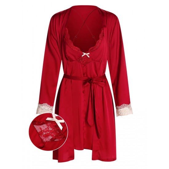 2PCS Red Lace Patchwork Nightgown 2PCS Red Lace Patchwork Nightgown